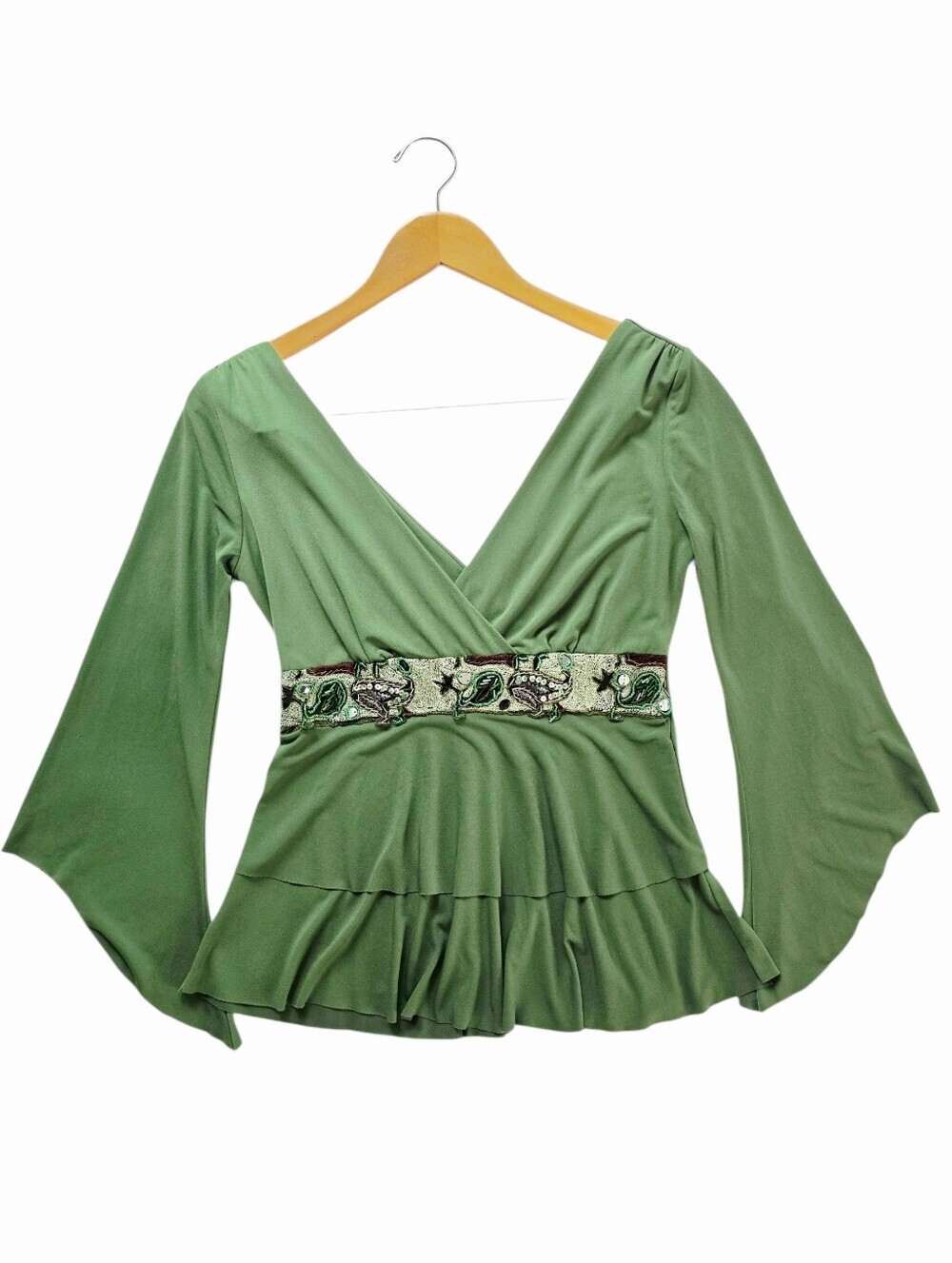 Y2k Venus USA Green V-Neck Peplum Blouse with Embroidered Waistband